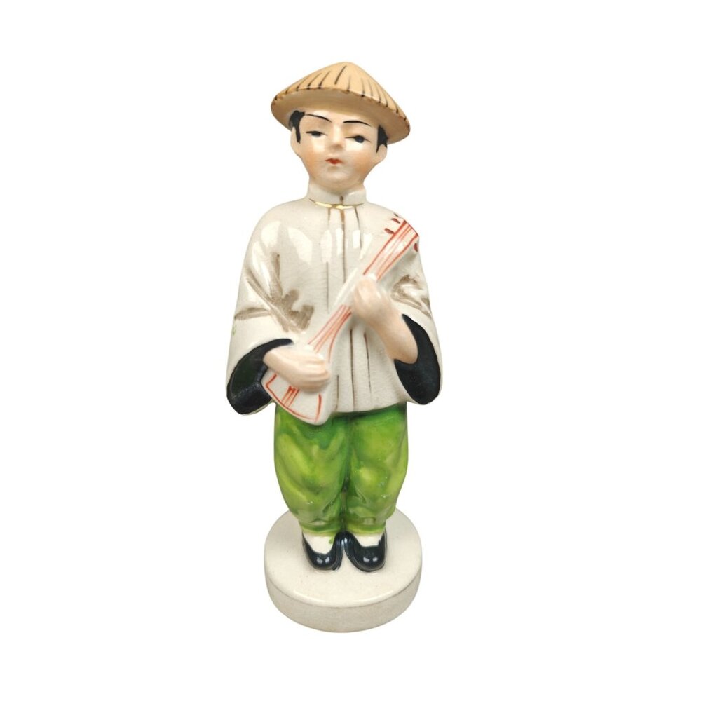 Vintage Asian Porcelain Figurine Planter Vase Occupied Japan Musician W Shamisen